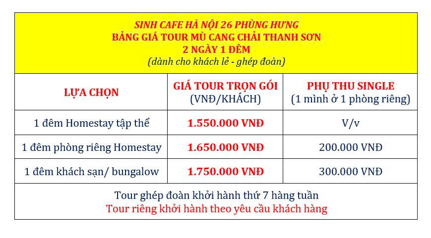 Tour Mù Cang Chải 2 Ngày 1 Đêm - TOUR TRỌN GÓI GIÁ TỐT 2 Mu cang chai 2N
